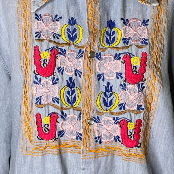 Vintage 70s La Fiesta Boho Hippie Embroidered Birds & Flowers Collared Shirt - Picture 5 of 14